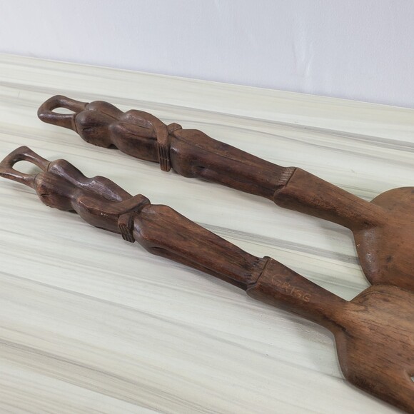 Hand Carved Wood Spoon Fork Set Salad Serving Utensils Grigg African Egyptian - Picture 6 of 8